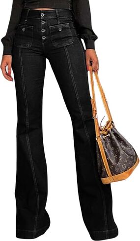 Yoeasy Women's Flare Bell Bottom High Weist Jeans Vintage Stretch Bootcut Denim Brourous مع جيب in Saudi Arabia