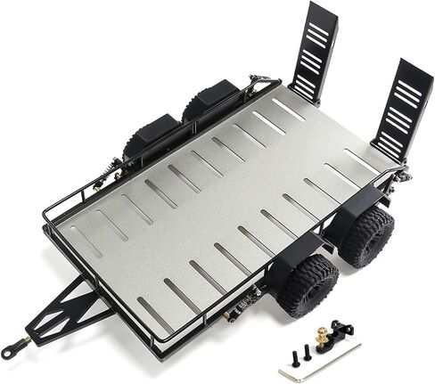 RC Trailer for Hauling Behind RC Car, 4 Wheels Metal Flatbed Trailer with Hook Hitch for TRX4M 1/18 RC Crawler Car (Blue) in Kuwait