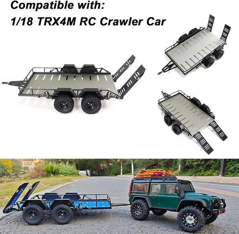 RC Trailer for Hauling Behind RC Car, 4 Wheels Metal Flatbed Trailer with Hook Hitch for TRX4M 1/18 RC Crawler Car (Blue) in Kuwait