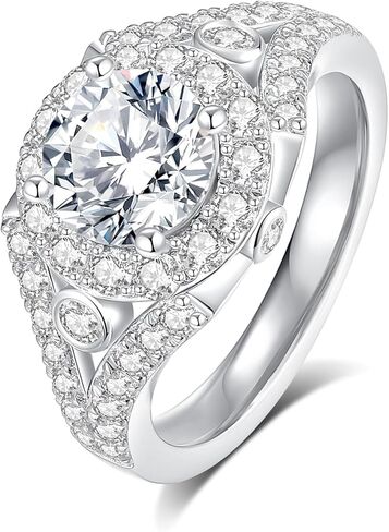 Moissanite Engagement Ring for Women,1.5ct Round Cut D Color VVS1 promise anniversary Halo Wedding Band，S925 Sterling Silver with 18K White Gold Plated Valentine's Day Gift in Kuwait