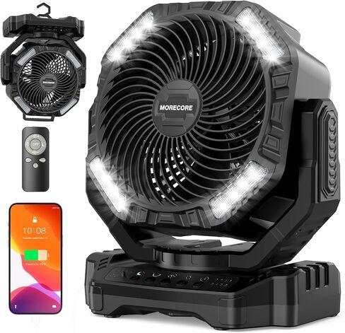 مروحة تخييم MORECORE بقدرة 20000 مللي أمبير في الساعة قابلة لإعادة الشحن مع إضاءة، تشغيل 112 ساعة، 9 سرعات، تأرجح تلقائي، مؤقت، شاشة LED رقمية، محور 270 درجة مع خطاف لخيمة مرآب الطوارئ RV in Kuwait