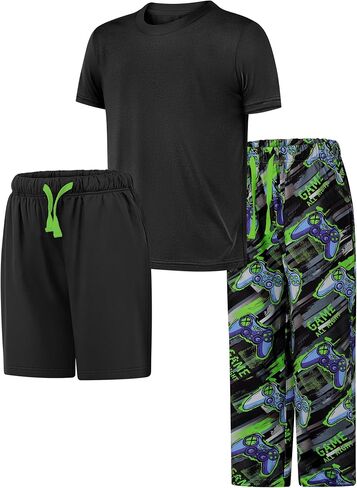 Cooraby 3 Pieces Teen Boys Pajs Short Sleeves Top, Shorts & Pants Soft Loose Fit Outfits with Drawstring Pockets for Summer in Saudi Arabia