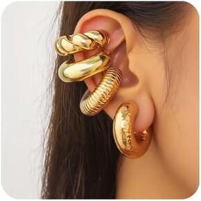 KISS WIFE 4 Pcs Chunky Ear Cuffs Non Piercing for Women, 14K Gold Plated Clip On Cartilage Hoop Earrings Jewelry Gifts