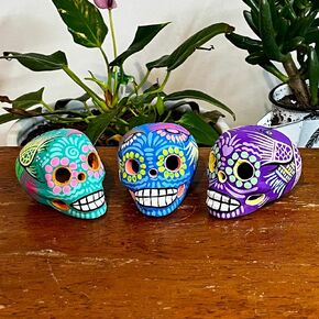 Day of The Dead Skulls by Artesano | 3 Assorted Colors | Skull Gifts for Women | Hand-Painted Mexican Sugar Skulls | Small Dia de Los Muertos Calaveras | Cinco de Mayo Decor | Skull Decor
