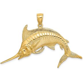 Solid 14k Yellow Gold 2-D Blue Marlin Charm Brushed Matte Finish Pendant - 27mm x 51mm