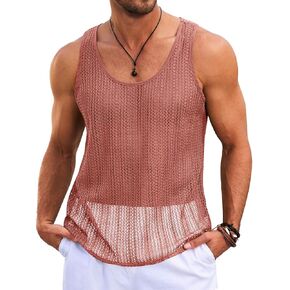 Runcati Mens Slobess Tank Tops Crochet Crochet See من خلال القمصان الجوفاء القمصان Muscle Summer Beach Hippie