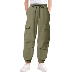 JiAmy Girls Cargo Pants Elastic High Waist Drawstring Pants Jogger Trousers Casual Loose with Pockets 6-14Y