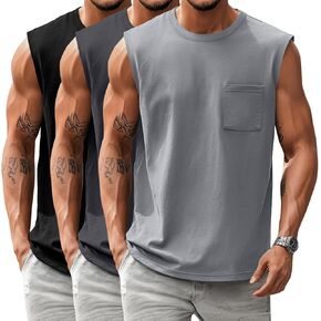 Huukaey 3 Pack Cotton Men's Big and Hallyveless Sank Tops Muscle Dorts Mym Tees مع الجيب