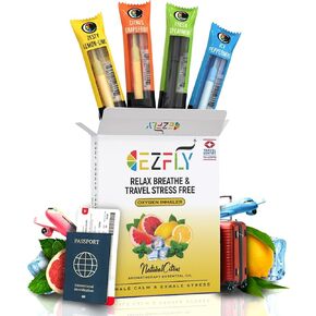 TSA مقبولة inahler - ezfly assential travel companion - رفيق طويل الأمد ، خفيفة الوزن لإدارة الإجهاد للرحلات (4 نكهات)