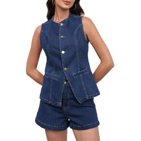 Echoine Women's Denim 2 قطعة مجموعة سترة بلا أكمام وسروال الجينز شورتات الزي غير الرسمي بدلات الأعمال غير الرسمية