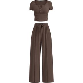 PRETTYGARDEN Womens 2 Piece Outfits 2025 Summer Ribbed Knit Button Short Sleeve Tops Casual Wide Leg Pants Lounge Sets