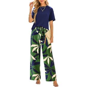 PRETTYGARDEN Women Summer 2 Piece Outfits 2025 Short Sleeve Knit Top Floral Print Belted Wide Leg Pant Sets With Pockets