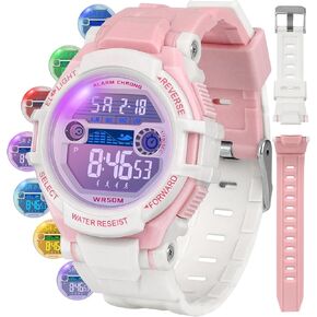 SOCICO Kids Digital Watches for Teen Girls, 7 Color Lights Waterproof Sports Watch for Kids with 2 Interchangeable Straps Stopwatch Alarm, Great Present for Girls Ages 8-18 Teenagers