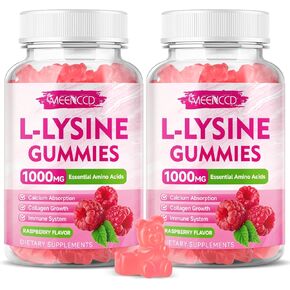 L-Lysine 1000mg Gummies ، ملحق ليسين للبالغين والأطفال ، مكملات الأحماض الأمينية الأساسية للشفاه وصحة الفم ، تعزيز المناعة والكولاجين والكالسيوم ، نكهة التوت الخالية من السكر ، 60