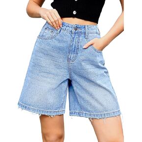 ELLEVEN Bermuda Jorts Baggy Jean Shorts - Casual Loose Fit Wide Leg Knee Length Denim Shorts with Elastic Waist