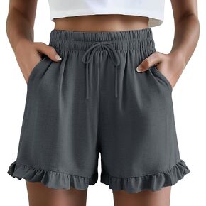 Neer Women's Linen Short, Ruffle Casual Summer Short Drawstring Elastic Waist Beach Lightweight Cute Outfit with Pockets