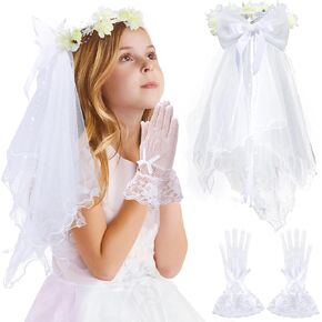 First Communion Veil and Gloves for Girls - Holy Catholic Veil with Gloves for 7-16 Girls 1st Communion Dress