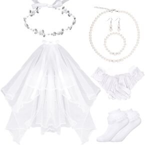 Lystaii 7 Pcs Girls First Communion Veils Set First Holy Communion Floral Crown White Wreath Bow Veil Gloves Sock Pearl Necklace Bracelet Earring Accessories for Wedding