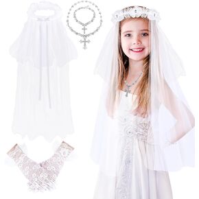 AUGSUN 4Pcs Girls First Communion Veils Set Flower Girls Veils White Pearl Center Floral Crown First Holy Communion Veils White Lace Gloves Necklace Bracelet for Girls Wedding Party Costume
