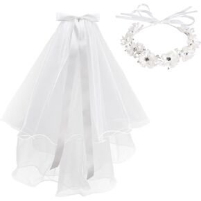 Vividsun 2 Pcs First Communion Veils Set White Floral Headpiece Lace Veil