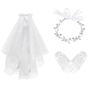 Vividsun 3 Pcs First Communion Veils Set for Girls Bow Gloves Lace Veils Communion Hair Accessories