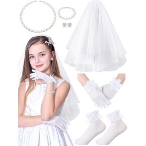 Newcotte 6 Pcs First Communion Veil Catholic Set Girl Communion Veil, Gloves, Lace Socks, Pearl Necklace, Bracelet, Earrings