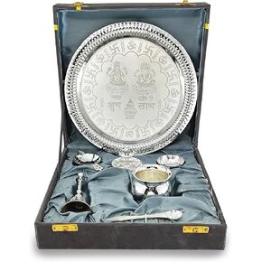 نبلاء بوجا ثالي مجموعة فضية مطلية مع صندوق هدايا رمادي صمم Puja Plate 22 سم وعاء Ghanti Kalash ملعقة Dhup Dan Dana للمكتب المنزلي Diwali عائد الهدية