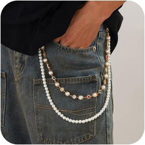 Layered Pants Chain for Men Women Wallet Chain Exquisite Rhinestone Flower Pearl Wallet Chain for Women Fashion Street Jeans Chain Keychain Chain Punk Jewelry