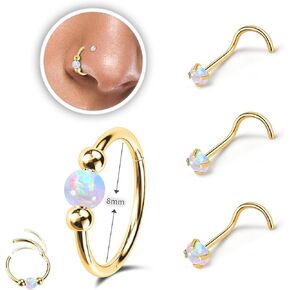 2PCS 18g Opal Nose Rings for Women Nose Hoops 8mm/10mm 316L Surgical Steel Nose Rings Piercing Jewelry Can Be Used as a Nose Ring, Septum Ring, and Cartilage Earring