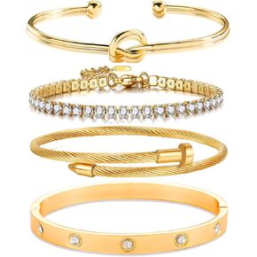 Lamdo 18K Nail Love Bangle Bracelet Set, Cubic Zircon Stacked Flexible Wide Wristband for Women - Gifts for Women's Day and Mother's Day