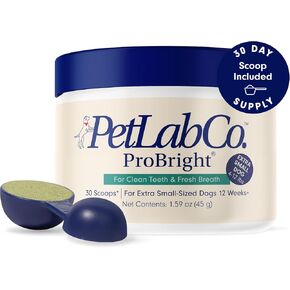 Petlab Co. Probright Dental Powder - معطر التنفس الكلب - تنظيف الأسنان مصنوعًا سهلاً - أهداف التارت والكلاب السيئة - مصنوعة للكلاب الصغيرة
