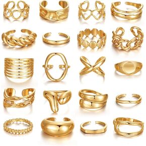 KISS WIFE Chunky Gold Rings Adjustable Finger Rings for Women 20 Pcs Trendy Dainty Iregular Stackable Chunky Jewelry Ring Set Gifts for Women