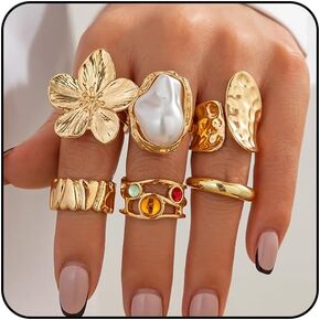 6pcs حلقات الذهب للنساء خواتم زهرة غير مشوهة للنساء حلقات الذهب مكتنزة حلقات الذهب القابلة للتكديس للنساء تصريحات الفضة خواتم اللؤلؤ الباروكية خاتم خمر مفصل خمر مجوهرات ذهبية مكتنزة