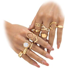 12PCS Chunky Gold Rings for Women Non Tarnish 14k Gold Stackable Knuckle Rings Set Adjustable Open Thick Statement Rings Jewelry Pack for Gifts