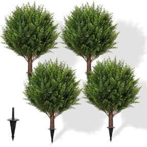 Artificial Cedar Shrub Ball Trees Two 15.8inch with Ground Spikes, can be Planted in The Ground and in pots, Outdoor Artificial Plants Resistant to UV Rays
