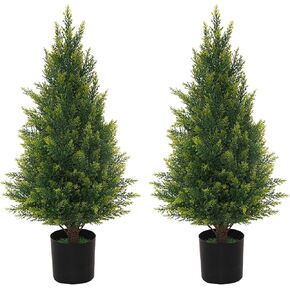 Artificial Topiary Tree Two 2.3ft Faux Bushes Potted Plants UV Resistant Artificial Cedar Trees for Outdoor Indoor Front Porch Garden