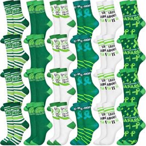 Hercicy 24 Pair Mental Health Awareness Socks Green Ribbon Psychology Socks Mental Health Month Gift for Women Men Mental Health Crew Socks Bulk Pack