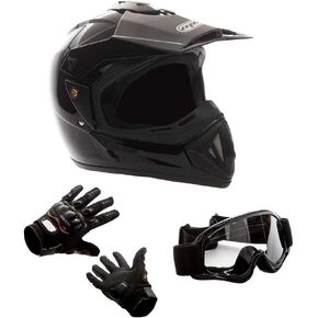 MMG 30 Combo Adult Motorcycle Off Road Helmet DOT, MX ATV Dirt Bike Motocross UTV, Large, Shiny Black with Riding Gloves and Goggles