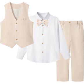 LOLANTA Boys Linen Suit Dress Clothes Kids Graduation Wedding Outfit 4 Piece Shirt Vest Pants Set with Bow Tie