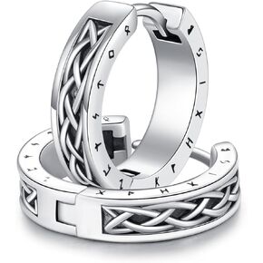 Viking Earrings Norse for Men Women 16mm 925 Sterling Silver Huggie Rune Celtic Hoop Earring Viking Jewelry Gifts Sturdy Punk Hoop Earrings Silver