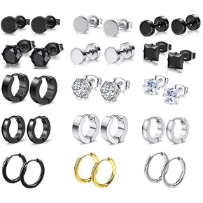 15 زوجًا من الأقراط السوداء للرجال ، الفولاذ المقاوم للصدأ aretes de hombre mens arrings set artees para hombre أقراط الذكور خواتم الصلب الجراحي للرجال الأقراط