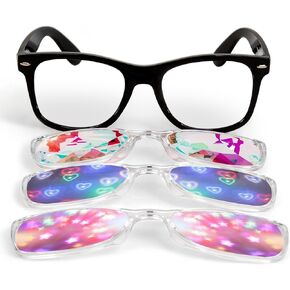 GloFX Snaps: Diffraction Rave Glasses | Black Magnetic Snap Frames with Heart, Star, and Kaleidoscope Lenses | Rave Accessories for Festivals, Rave Gear, and Kaleidoscope Effects