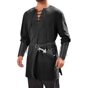 Runcati Mens Medieval Pirate Costume Tunic Renaissance Viking Lace Up Cotton Shirts Knight Warrior LARP Halloween Tops