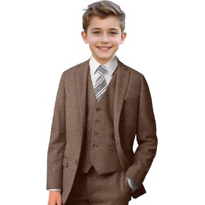 Boy Suits Tweed Herringbone 5 Piece Suits for Teen Boy Blazer Vest Pant Suit Tuxedo Set with Tie