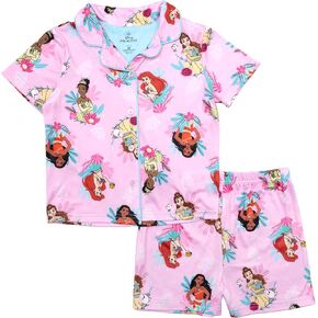 Disney Girls' 2-Piece Loose-fit Button Down Pajama Set, Soft & Cute for Kids