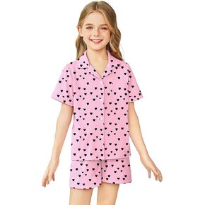 Arshiner Girls Pajamas مجموعة قصيرة الأكمام الأطفال PJS زر لأسفل ملابس النوم لمدة 4-13Y