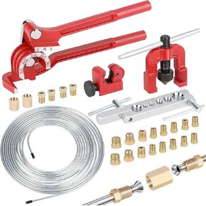 Hromee 3/16 Inch Brake Line Flaring Tool Kit with Zinc-Plated Brake Lines, 16pcs Fittings, 2pcs Union, 4pcs Nut and Single Flare Tool