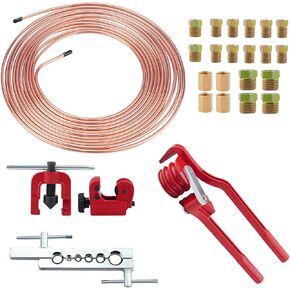 3/16 Brake Line Flaring Tools kit Include 25 ft Copper Coated Brake Lines with 16 Brake Line Fittings and 4 Unions Brake line Bender Single Flare Tool