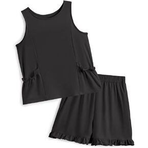 Girls Shorts Sets 2 Piece Summer Outfits Sleeveless Tops With Pockets Ruffle Shorts Cute Kids Clothes