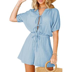 FixMatti Women Summer Romper - Self Tie v Neck Plemsuit Discual